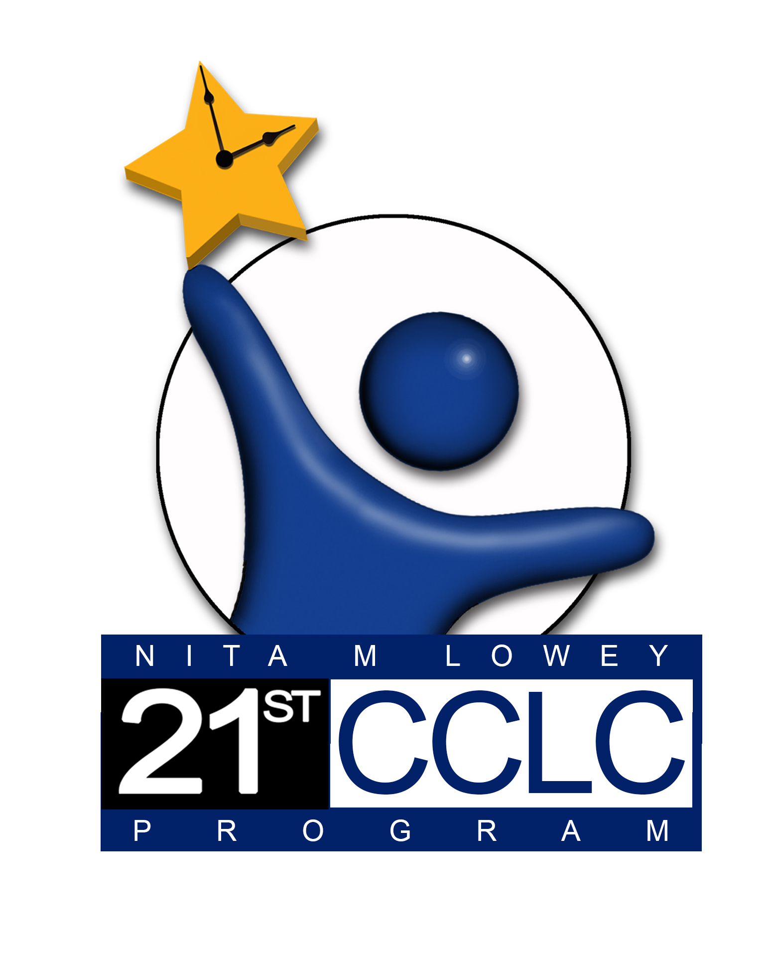 The 21st Century Community Learning Centers logo with a circle, graphic of a student, and gold star.